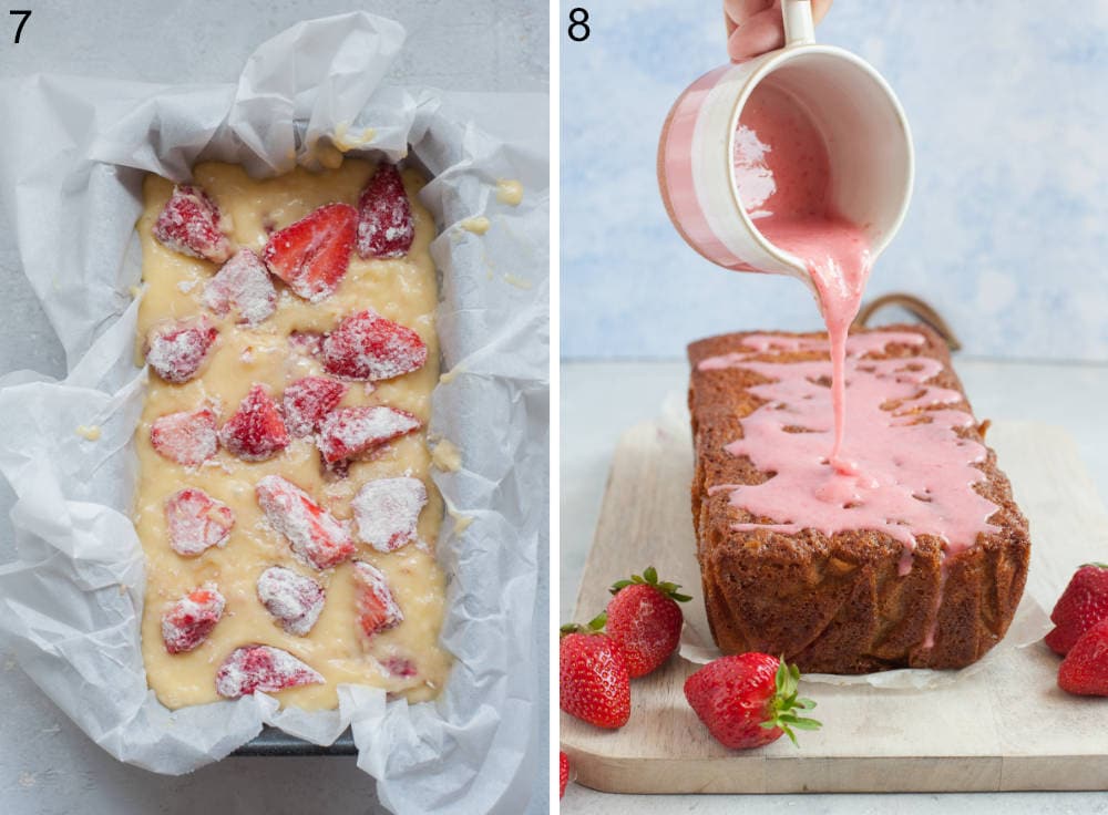 Strawberry bread in a loaf pan ready to be baked. Strawberry icing is being poured over strawberry bread.