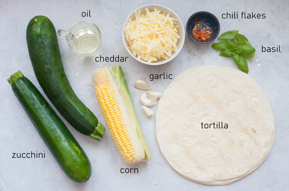 Labeled ingredients needed to prepare zucchini quesadilla.