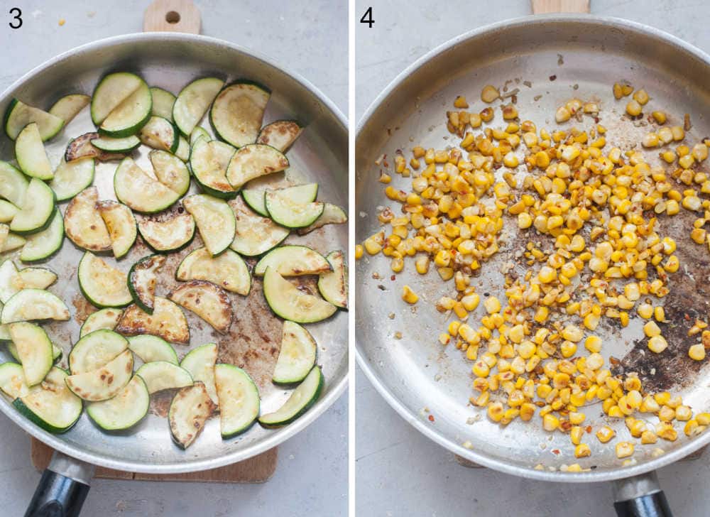 Sauteed zucchini in a pan. Sauteed corn and garlic in pan.