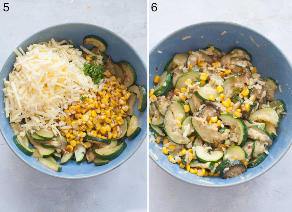 Sauteed zucchini, corn, and grated cheese in a blue bowl. Quesadilla filling in a bowl.