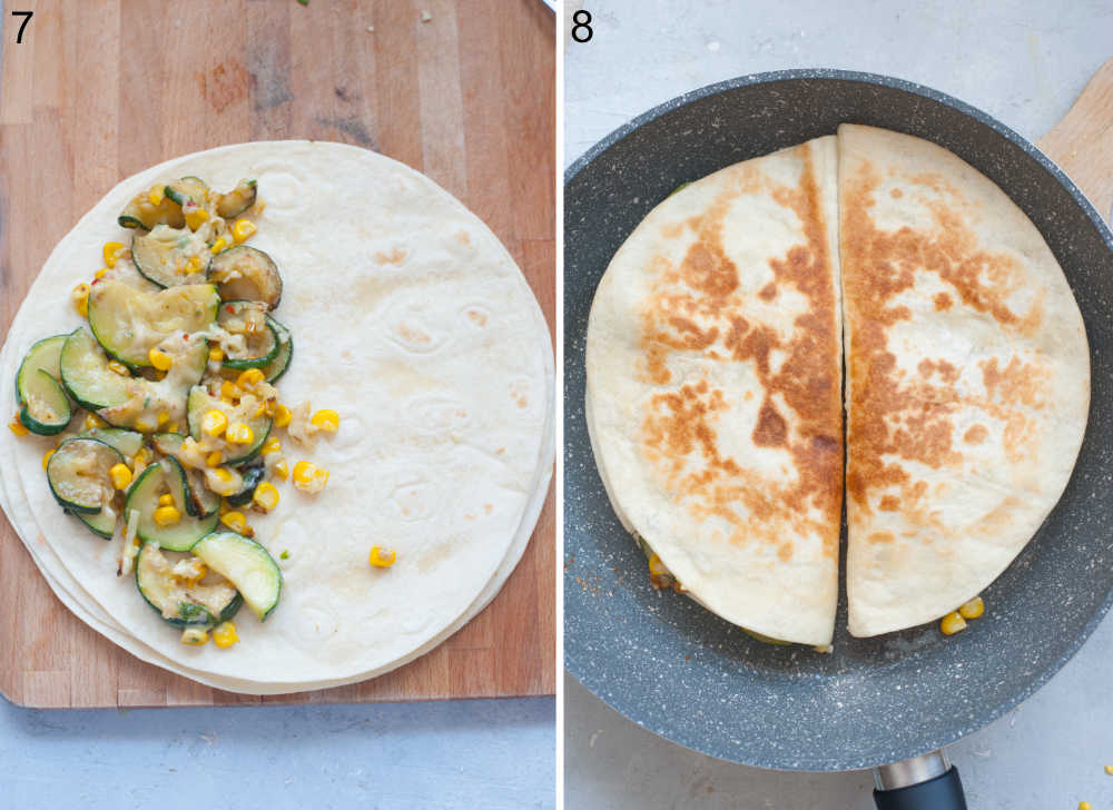 Tortilla with zucchini filling on top. Two quesadillas in a pan.