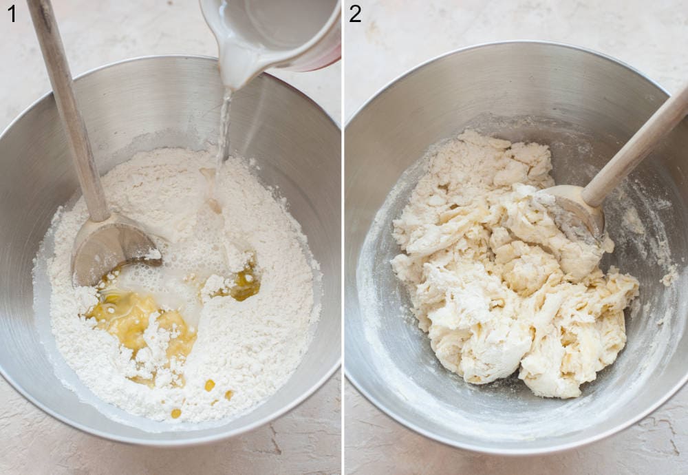 Olive oil, flour, salt, and warm water in a bowl. Dough is being stirred with a wooden spoon in a bowl.