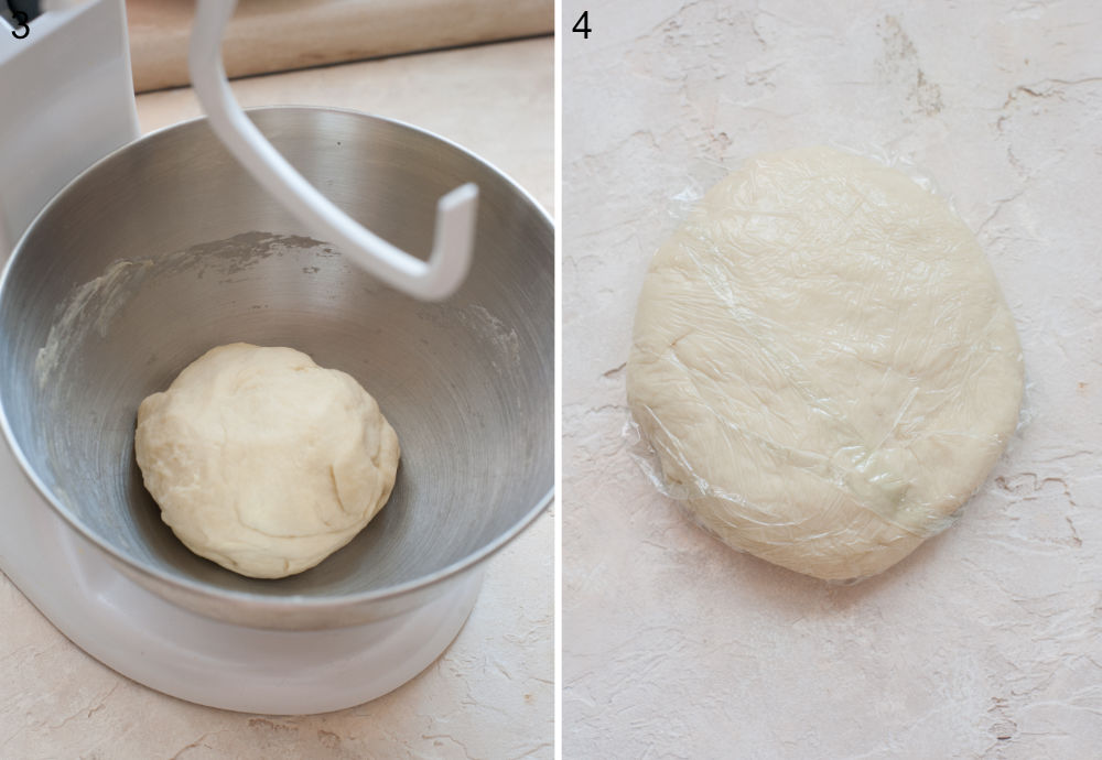 Flatbread dough ball in a mixing bowl. Flatbread dough wrapped in plastic foil.