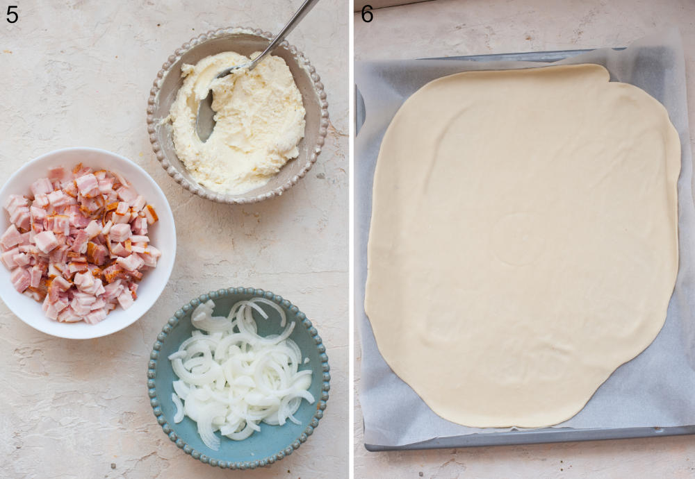 Creme fraiche, chopped bacon, sliced onions in bowls. Rolled out dough on a piece of parchment paper on a baking tray.