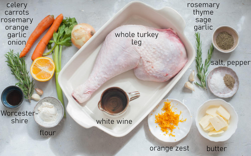 Labeled ingredients for roasted turkey leg with gravy.