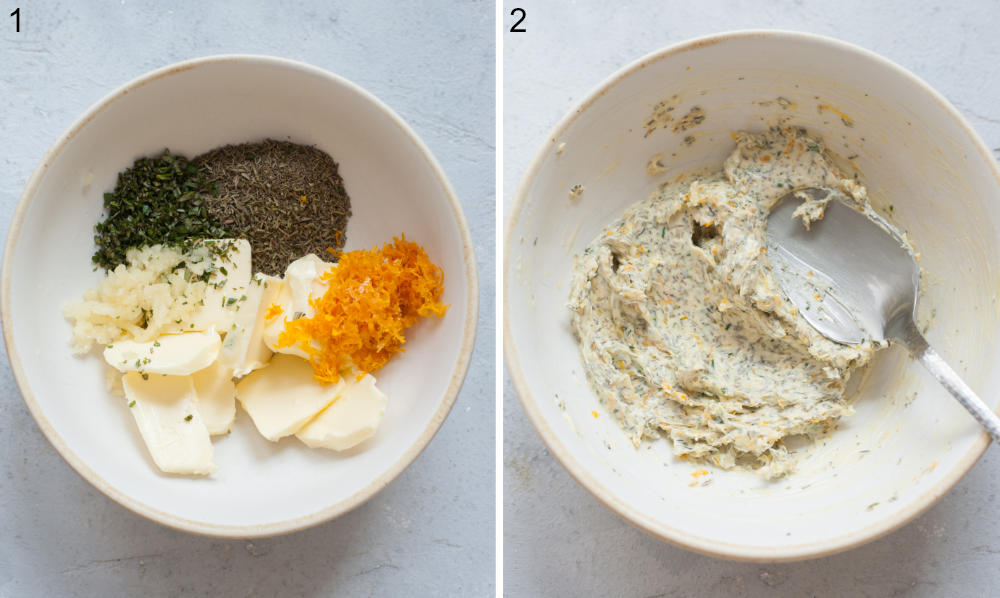 Butter, spices, and orange zest in a white bowl. Herb orange butter in a white bowl.