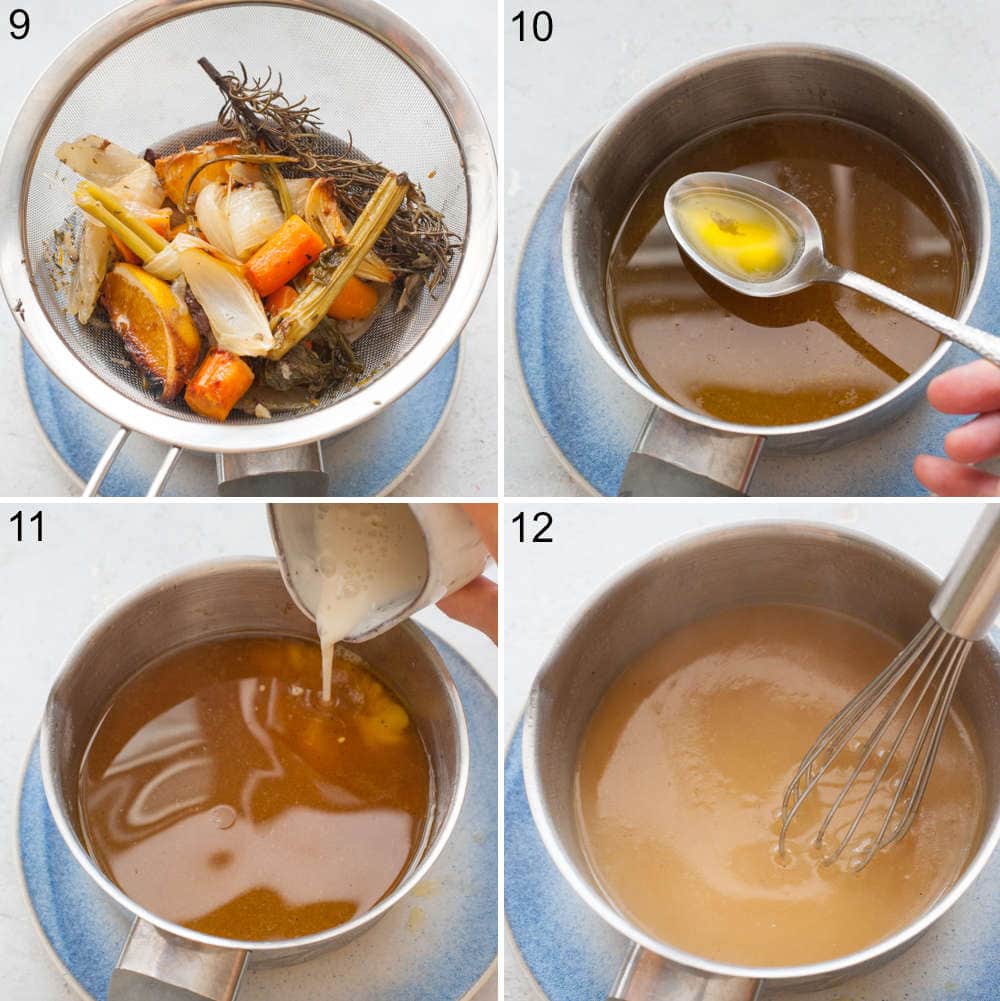 A collage of 4 photos showing how to make a gravy.