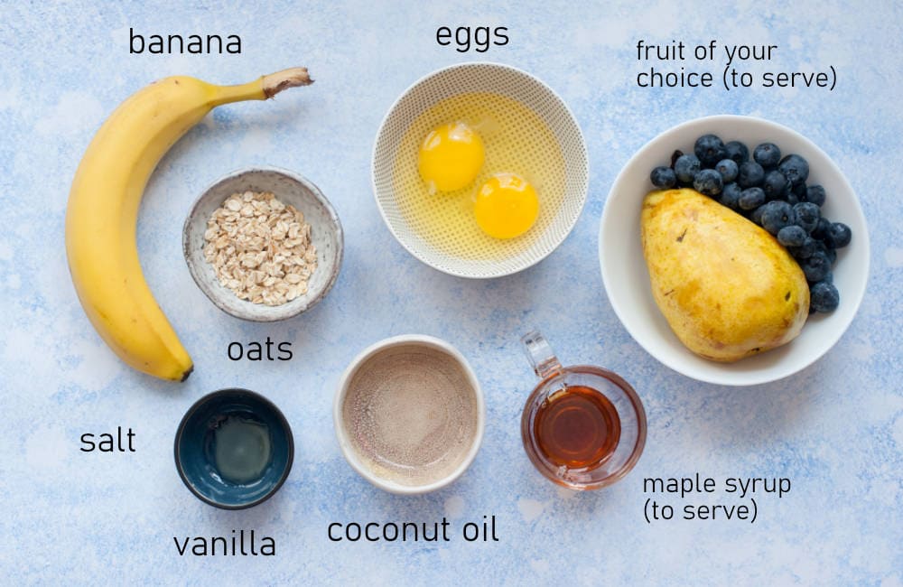 Labeled ingredients for banana omelette.