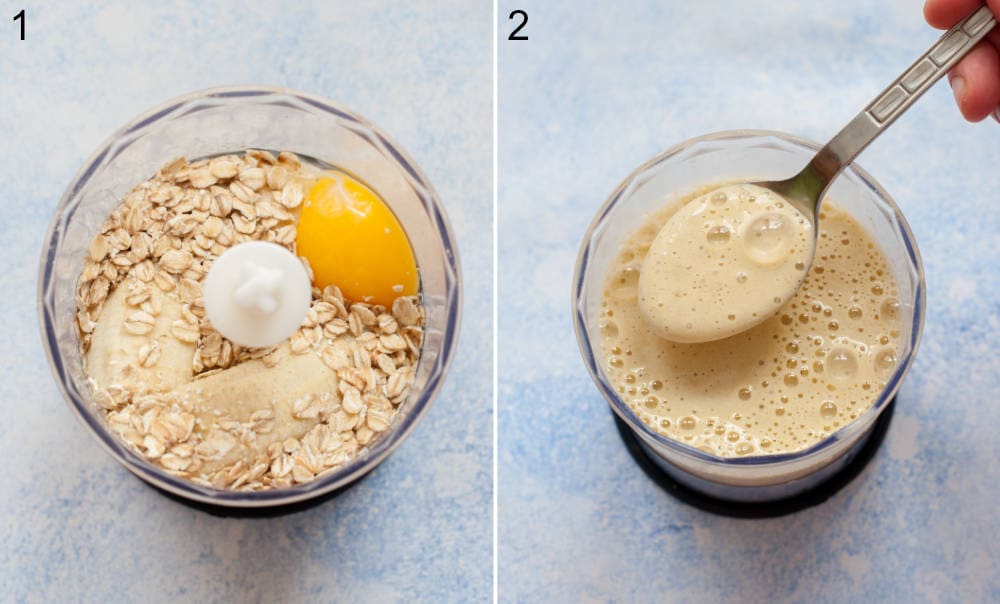 Oats, banana, and eggs in a blender contau