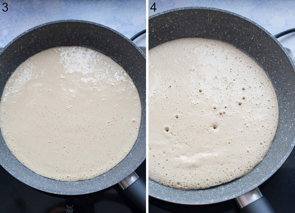 Omelette batter in a grey pan.