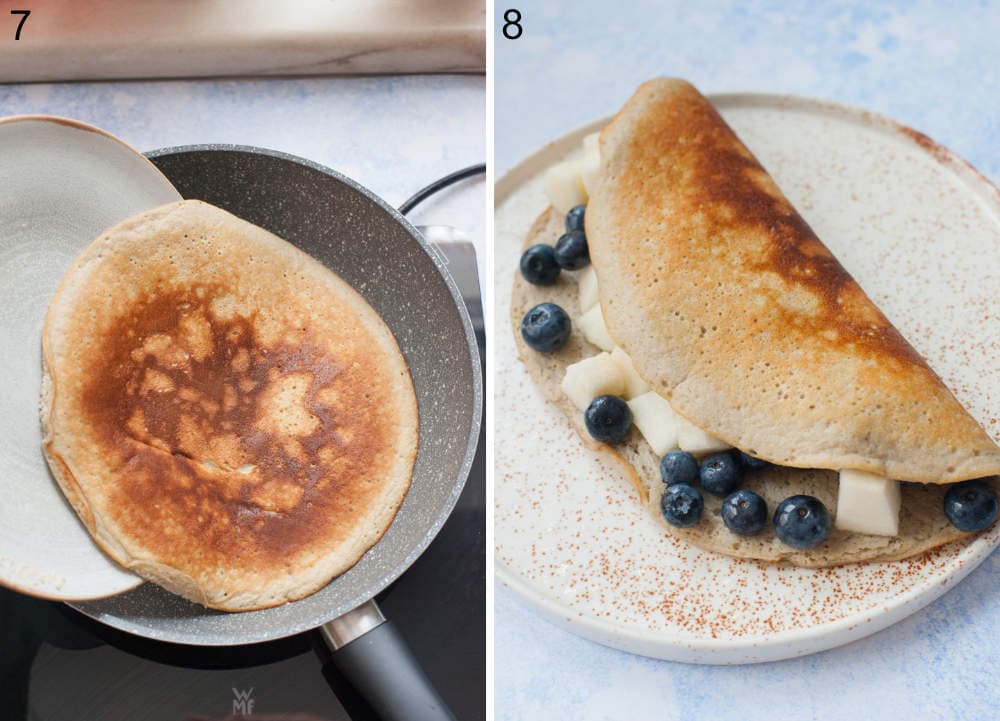 Omelette is being placed back to the pan. Omelette filled with fruit on a white plate.