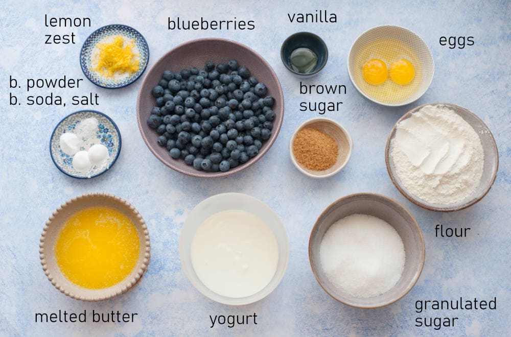 Labeled ingredients for blueberry muffins.