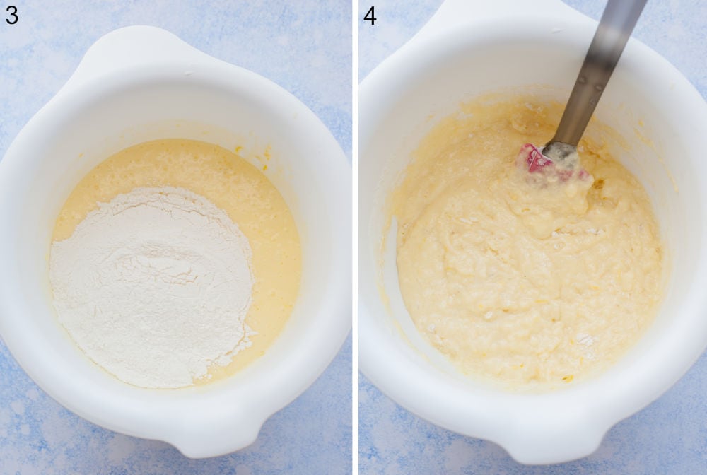 Muffin batter in a white bowl is being stirred with a spatula.