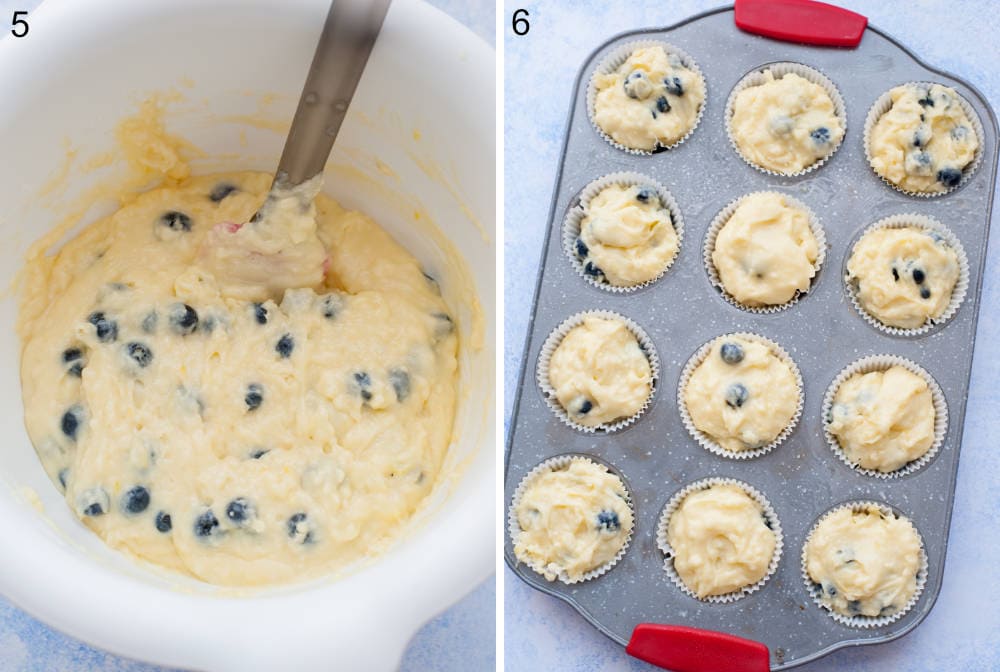 Blueberry muffin batter in a white bowl. Blueberry muffin batter in a muffin pan.