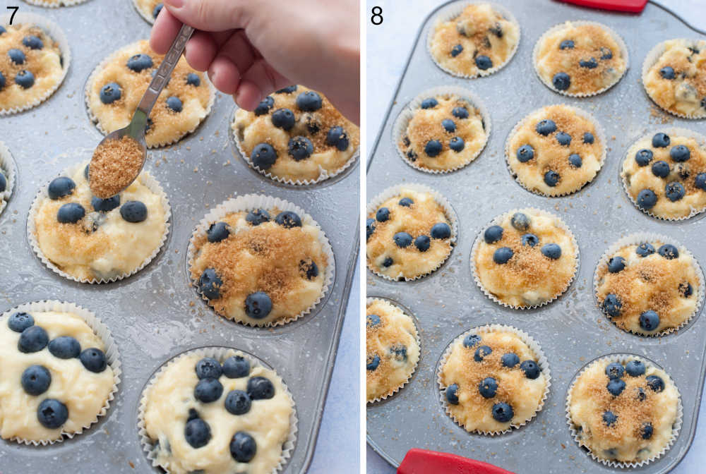 Blueberry muffin batter is being sprinkled with brown sugar. Blueberry yogurt muffins in a muffin pan ready to be baked.