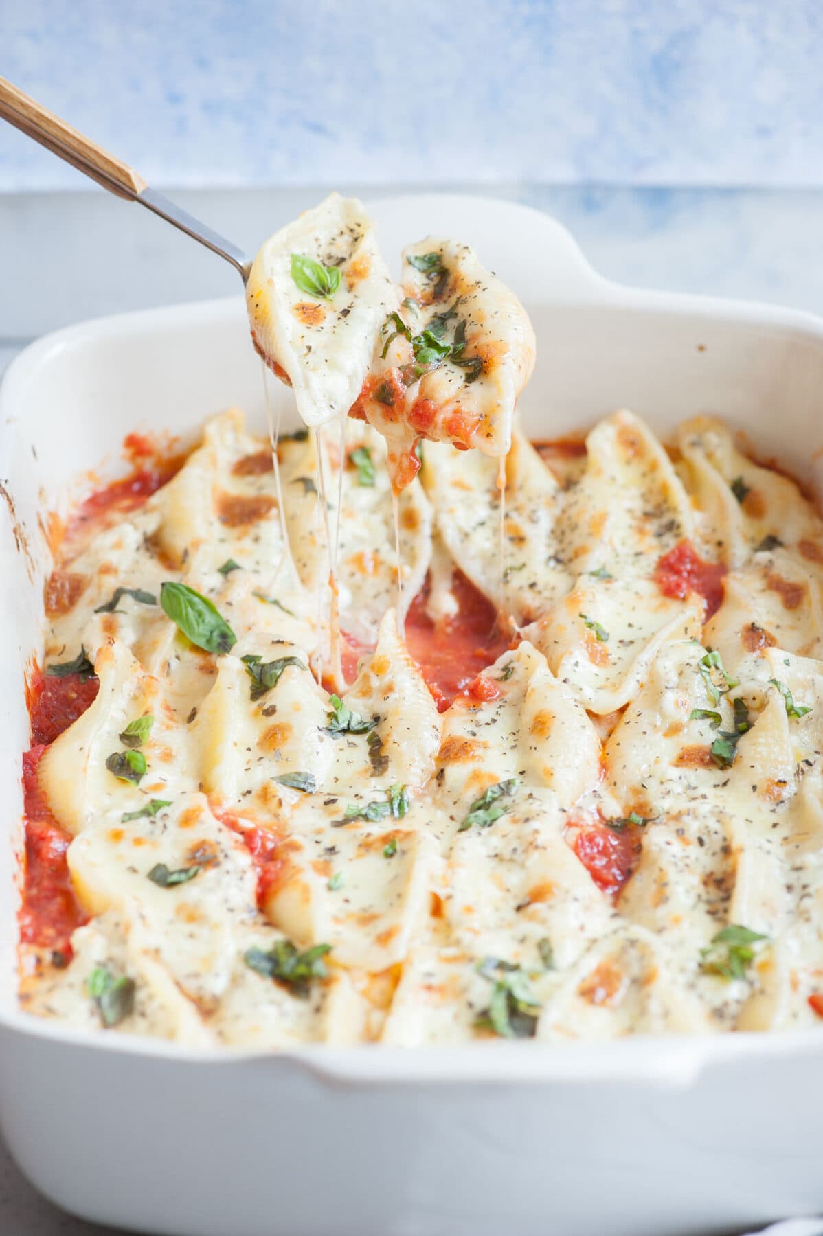 Cheese stuffed shells are being taken out of the dish with a spoon. Close up picture of stuffed shells.