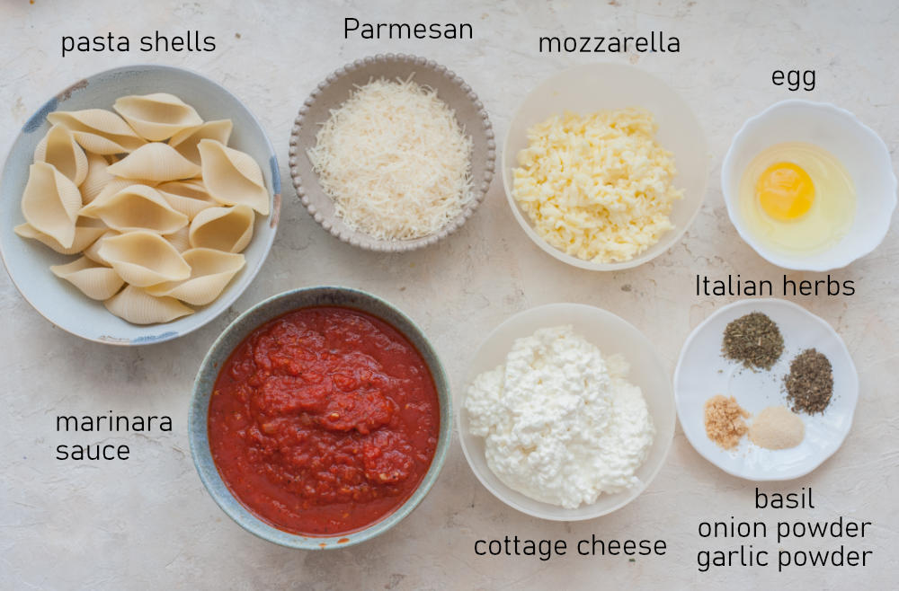 Labeled ingredients needed to prepare stuffed shells.