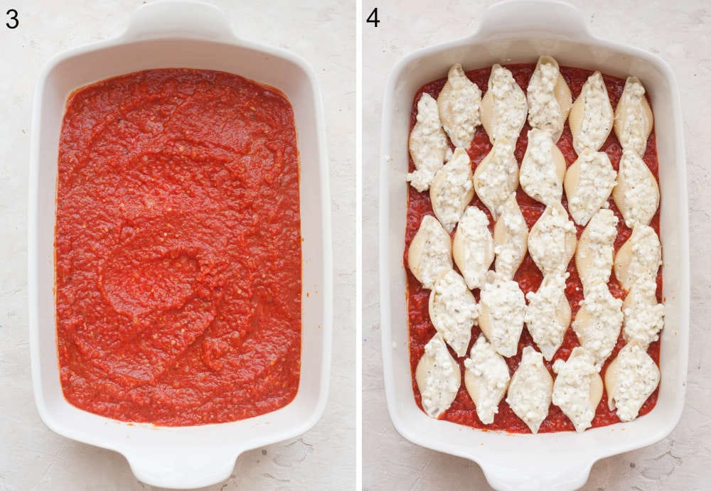 Marinara sauce in a white baking dish. Cheese stuffed shells on top of tomato sauce in a baking dish.