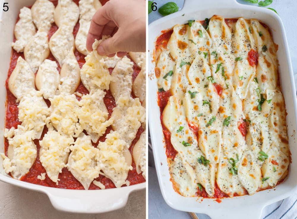 Shells stuffed with cheese in a white baking dish are being sprinkled with mozzarella. Baked stuffed shells in a baking dish.