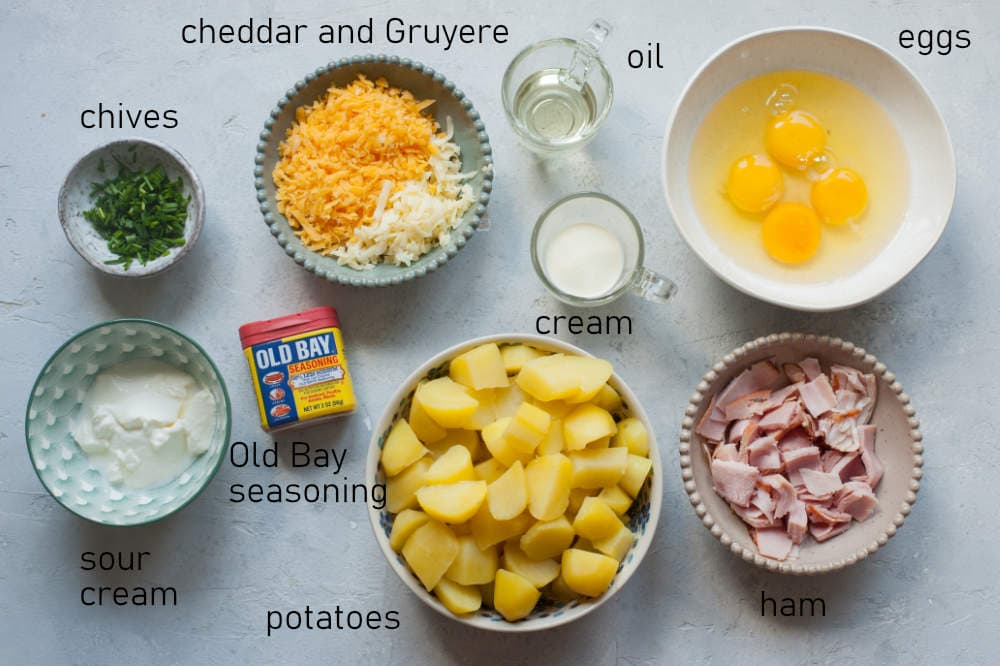 Labeled ingredients needed to prepare potato egg scramble.