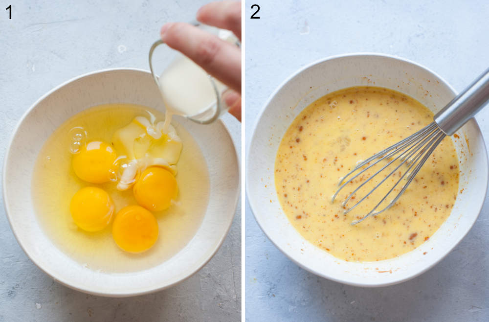 Cream is being added to eggs in a bowl. Eggs with spices are being whisked in a bowl.