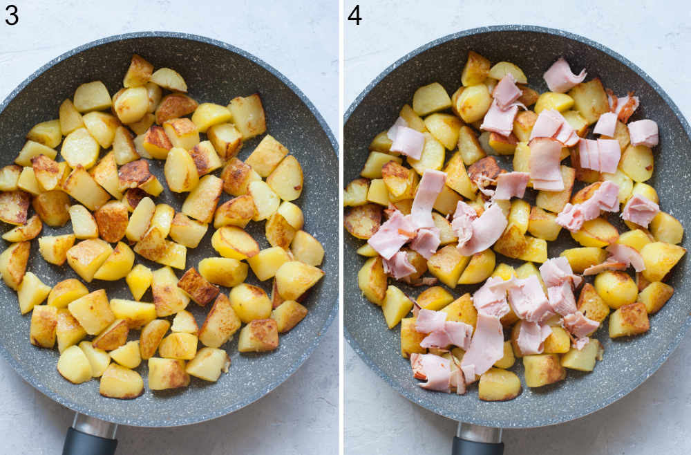 Sauteed potatoes in a pan. Potatoes and ham in a pan.