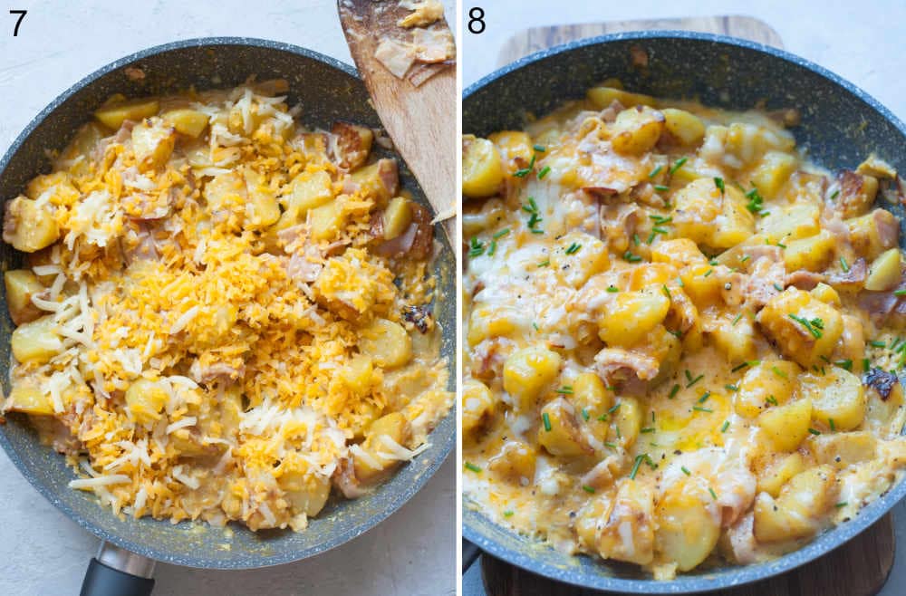 Potatoes, ham, eggs and cheese in a pan.