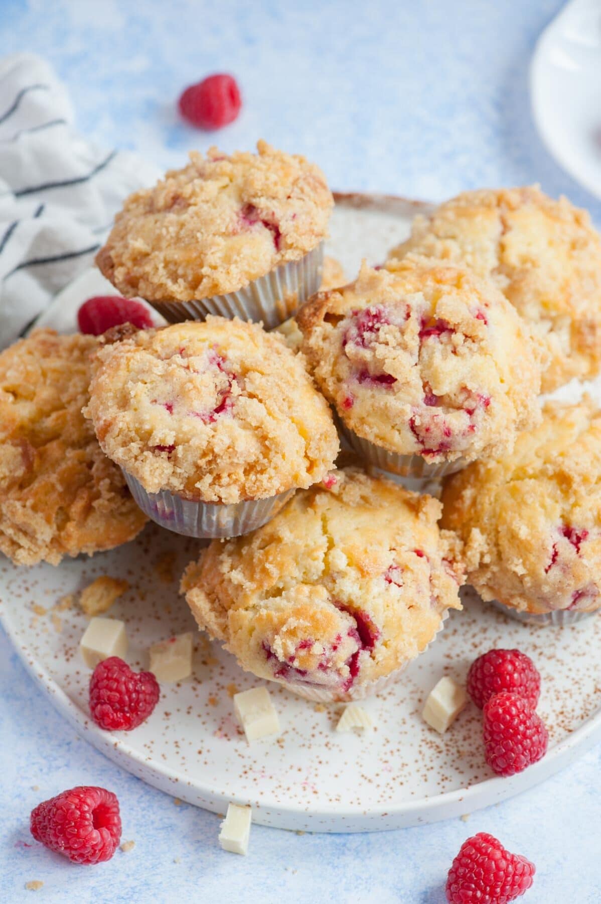 Raspberry muffins on a white plate. Raspberries and white chocolate chunks scattered around.