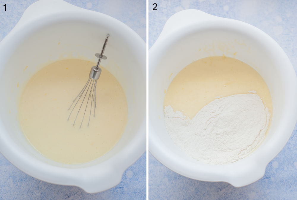 Wet ingredients for muffin batter in a white bowl. Wet ingredients and flour in a white bowl.