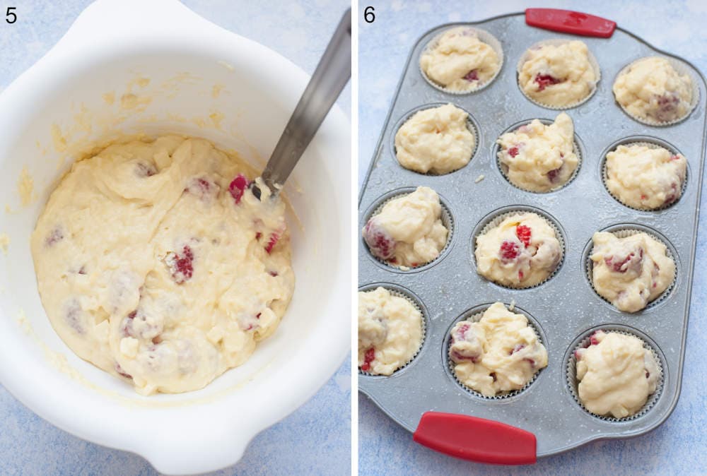 Raspberry white chocolate muffin batter in a white bowl. Raspberry white chocolate muffin batter in a muffin pan.