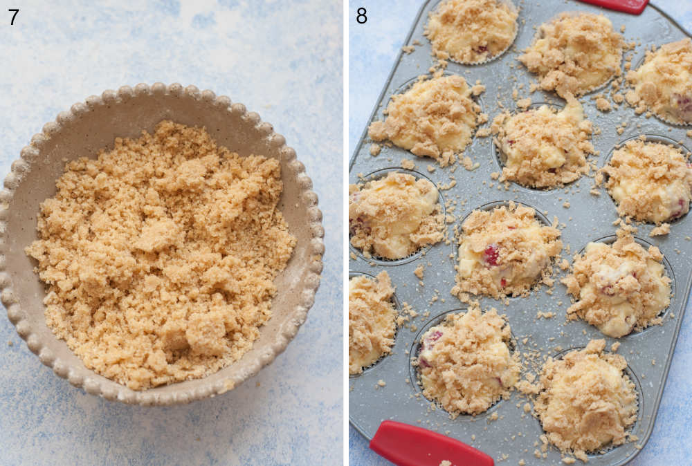 Crumb topping in a beige bowl. Muffin batter sprinkled with crumb topping ready to be baked in a muffin pan.
