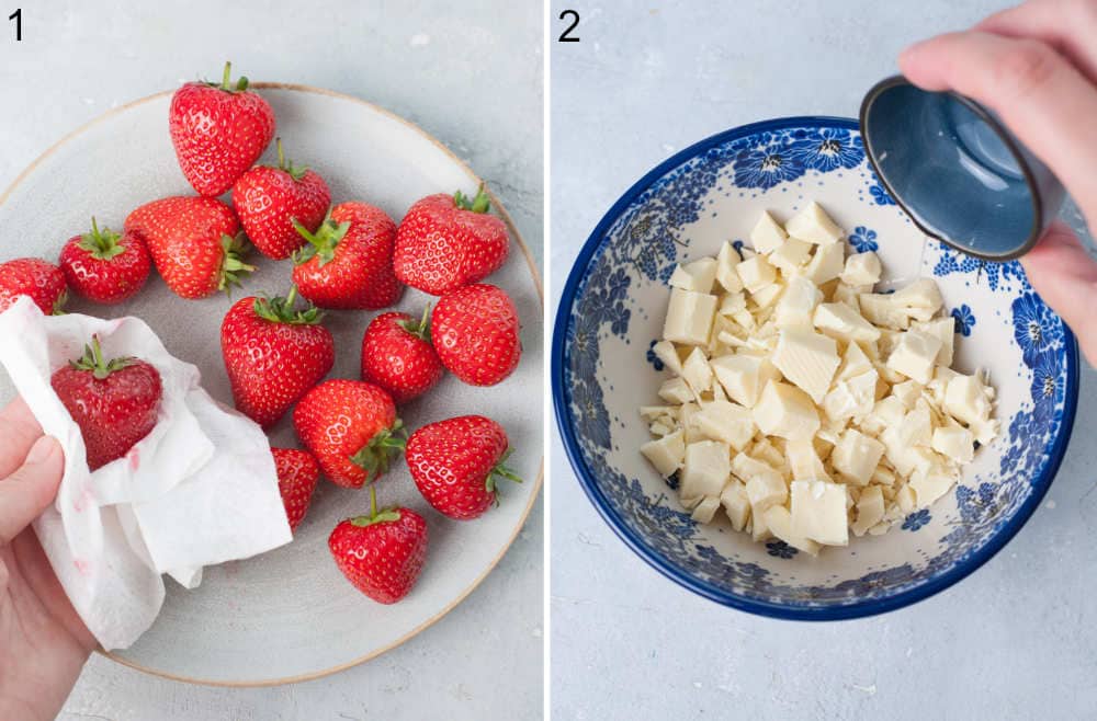 Strawberries are being cleaned with paper towel. Coconut oil is being added to white chocolate in a bowl.