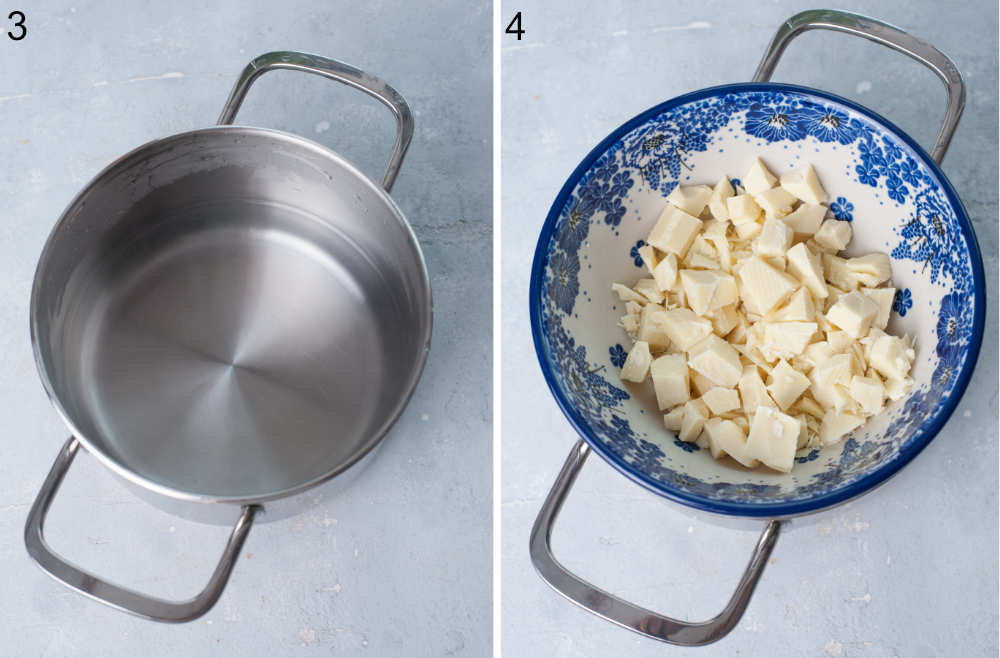 A pot with boiling water. Chopped white chocolate in a blue bowl on top of a pot with boiling water.