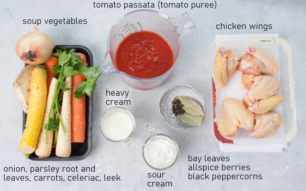 Labeled ingredients for Polish tomato soup.