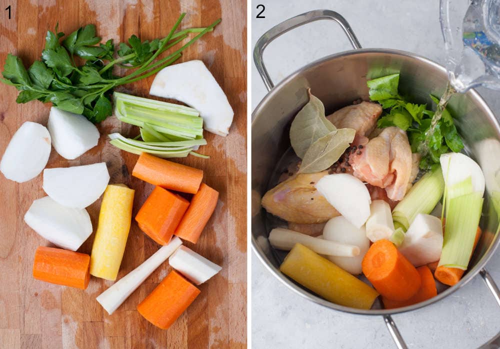 Chopped vegetables on a wooden board. Water is being added to a pot with vegetables and chicken.