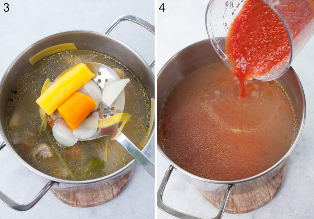 Chicken broth is being strained. Tomato puree is being added to chicken broth in a pot.