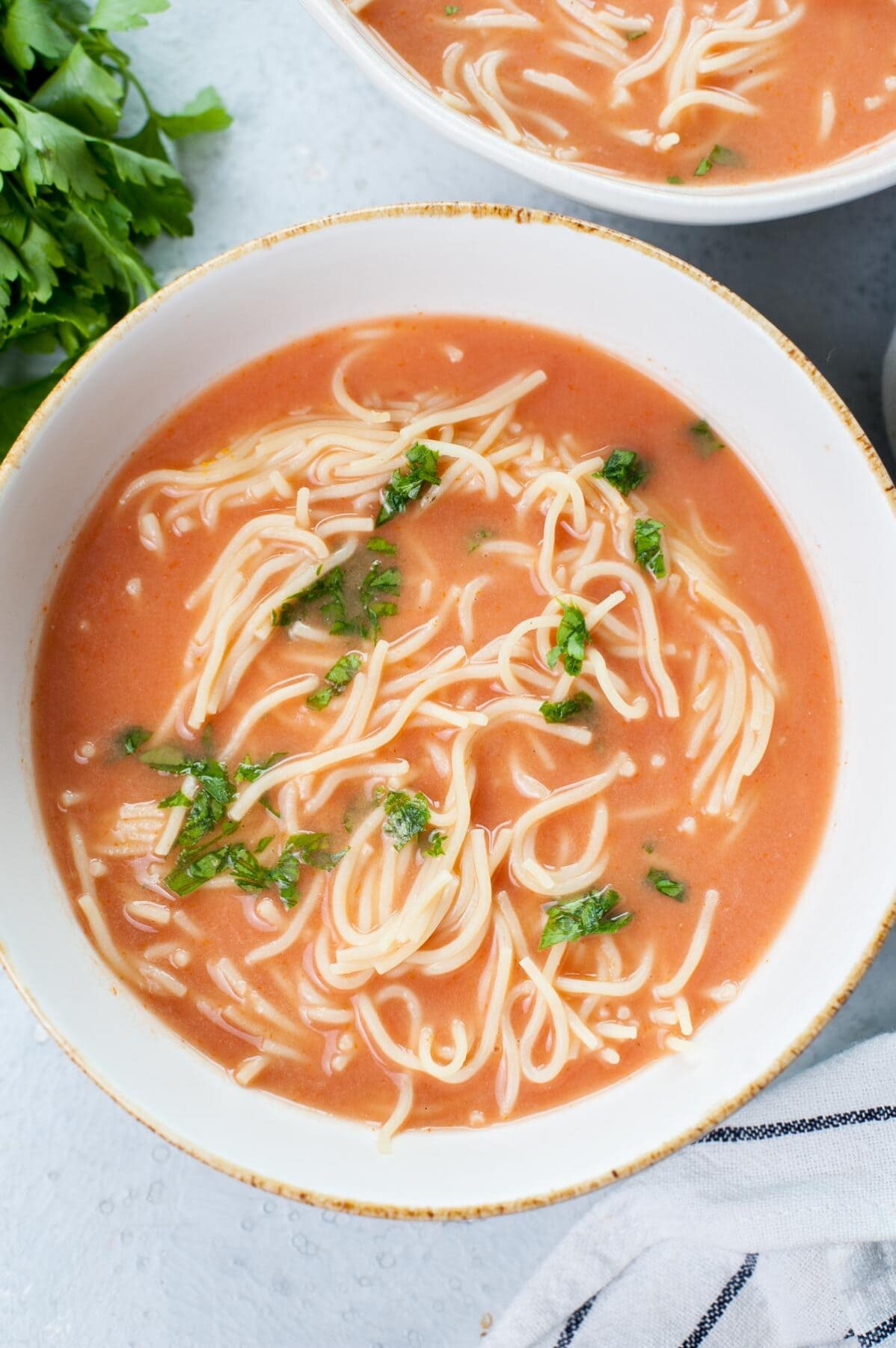 Polish tomato soup in a white plate served with noodles and chopped parsley.