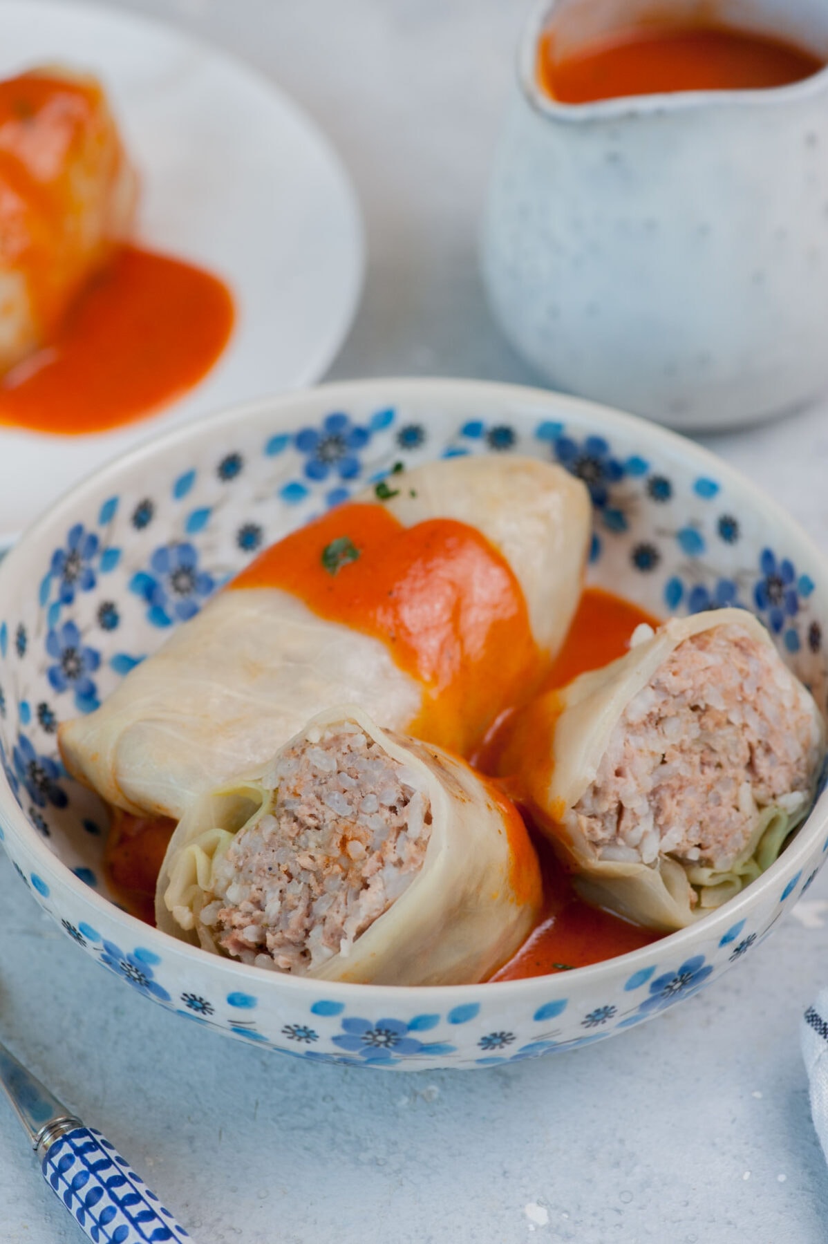 Stuffed cabbage rolls with tomato sauce in a white-blue bowl.