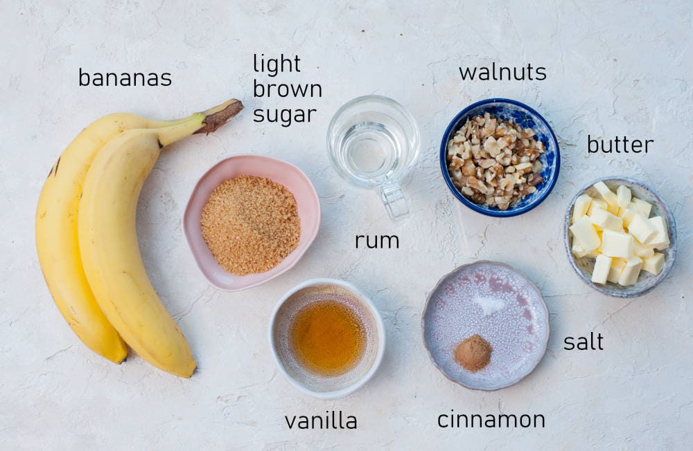 Labeled ingredients for bananas foster topping.