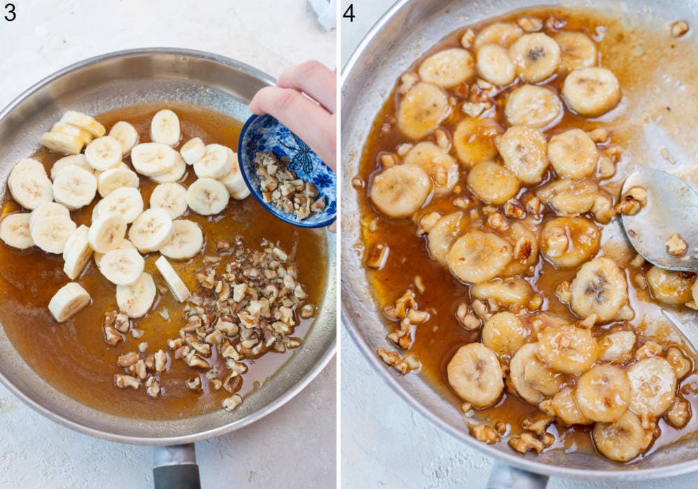 Bananas and nuts are being added to a rum sauce in a pan. Bananas foster in a frying pan.