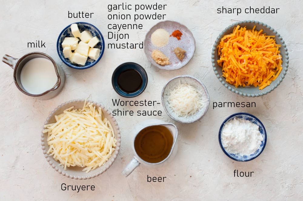 Labeled ingredients for beer cheese dip.