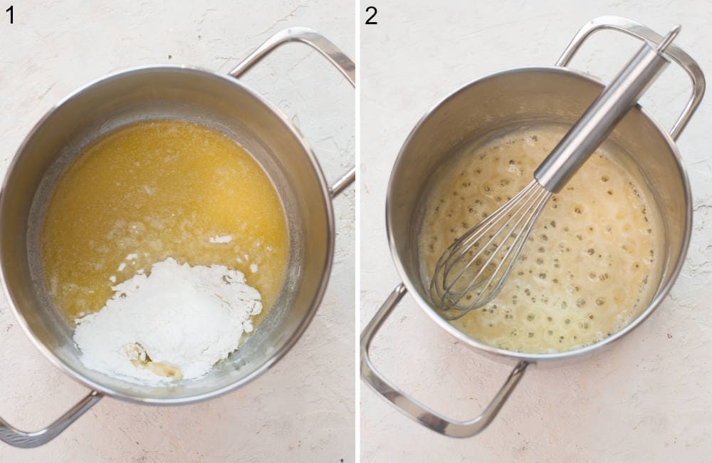 Butter and flour in a pot. Roux and a whisk in a pot.