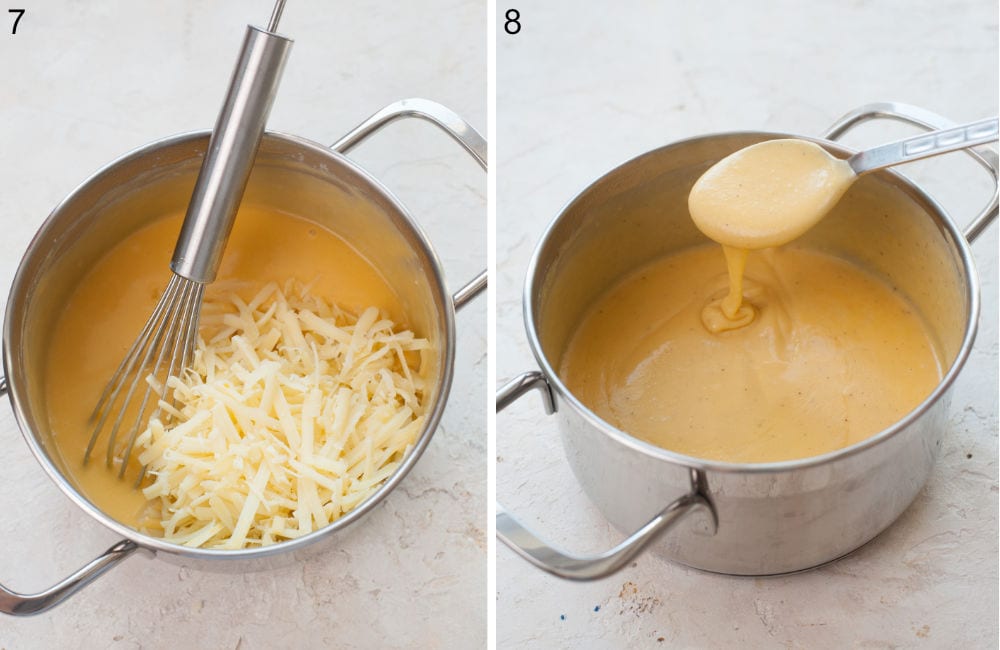 Gruyere cheese in a pot with a cheese sauce. Cheese sauce flowing off a spoon to a pot.