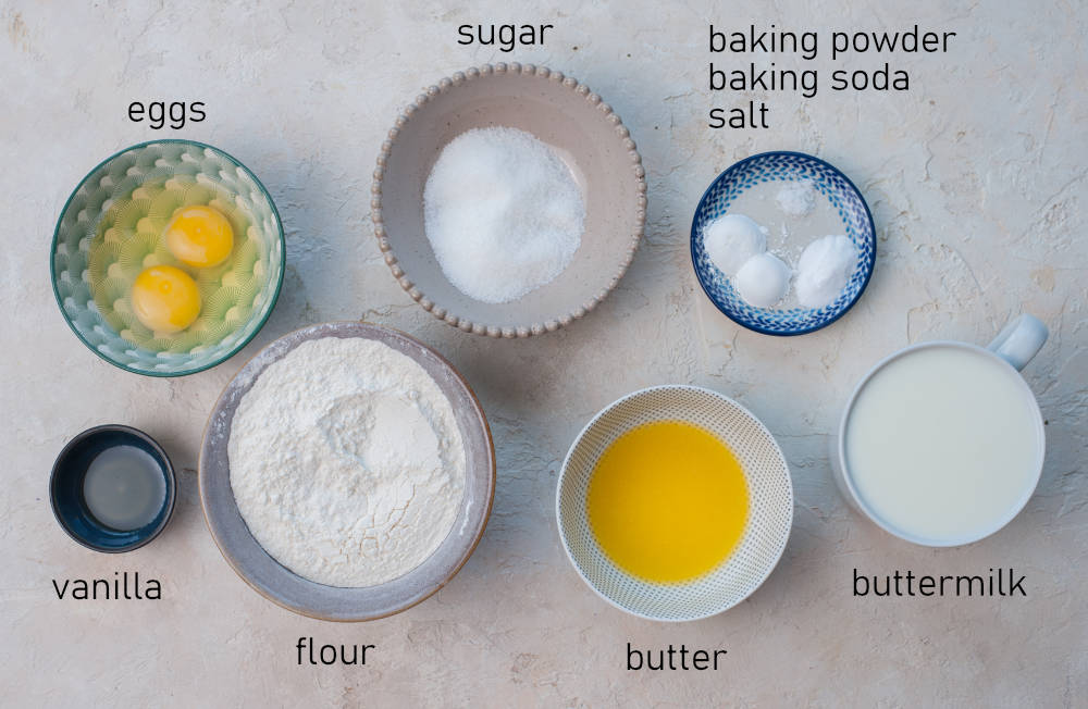 Labeled ingredients for buttermilk pancakes.