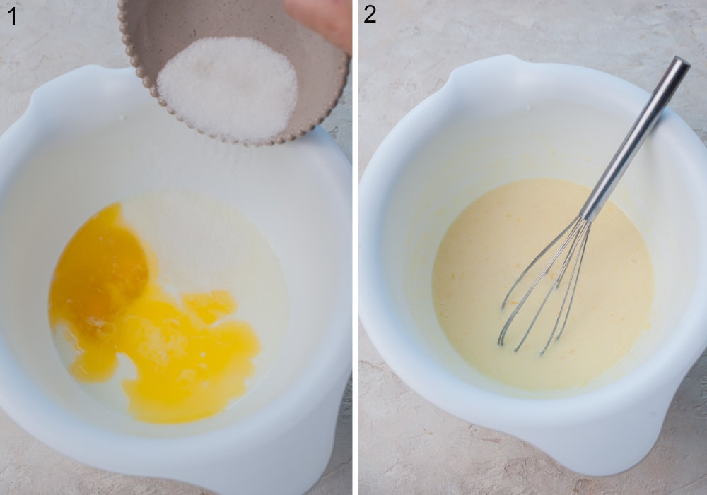 Ingredients for pancakes are being added to a white bowl. Wet ingredients for pancakes in a bowl.