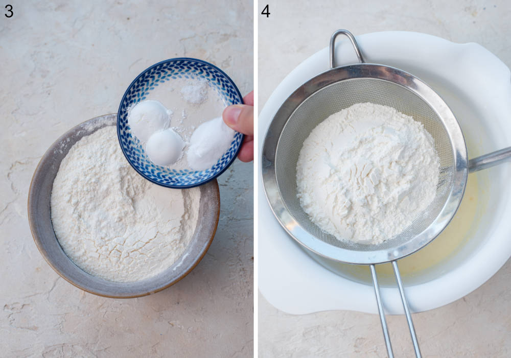 Dry ingredients are being added to a bowl. Dry ingredients for pancakes on a fine mesh strainer.