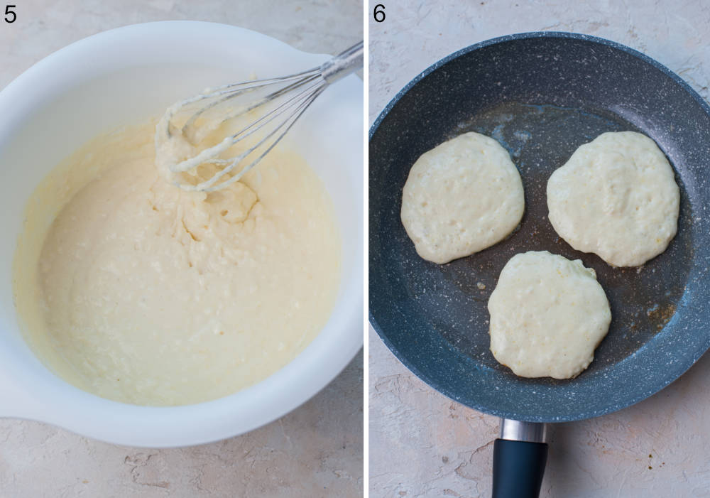 Pancake batter in a bowl. Pancakes are being cooked in a pan.