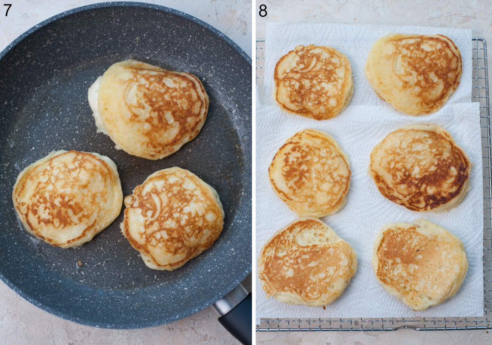 Pancakes are being cooked in a pan. Pancakes on a cooling rack.