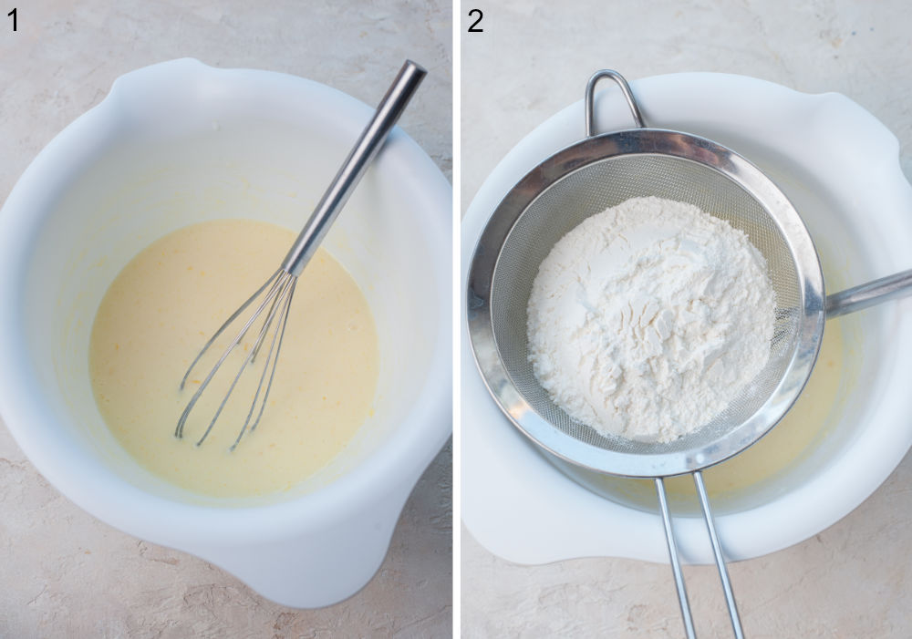 Wet ingredients for pancakes in a white bowl. Flour is being sifted into a bowl.