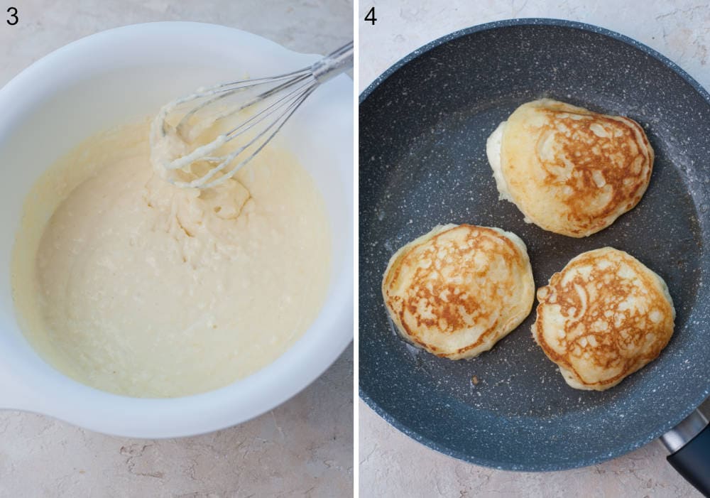 Pancake batter in a white bowl. Pancakes are being cooked in a pan.